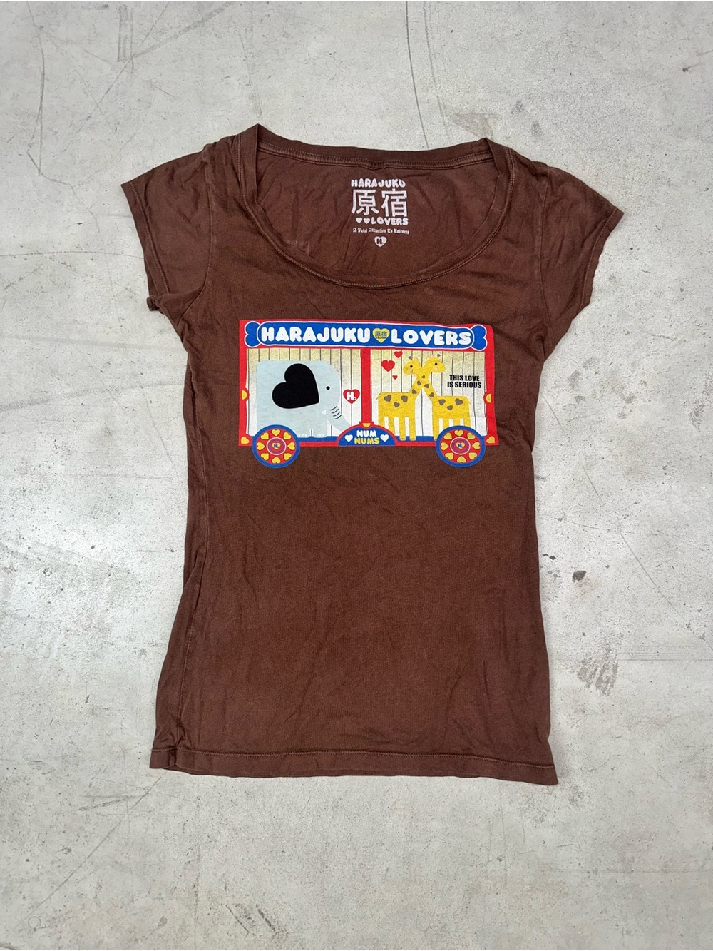 Harajuku Lovers Brown Girls Tee with Colorful Bus & Giraffe Graphic